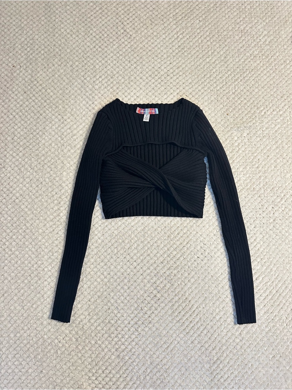 Urban Outfitters Black Ribbed Twist-Front Long Sleeve Crop Top